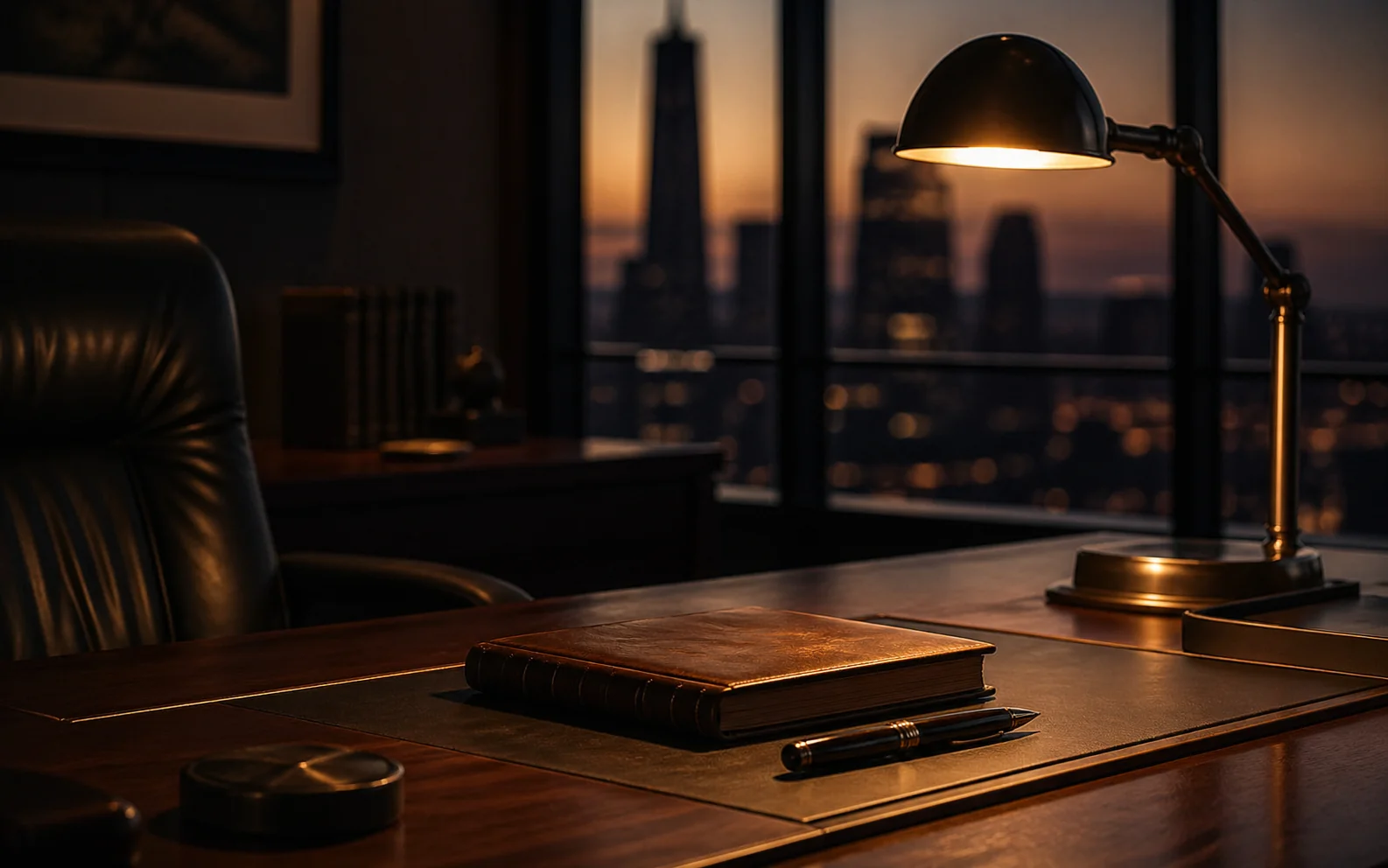 Münchner Skyline bei Sonnenuntergang vom Schreibtisch eines Geschäftsführers aus